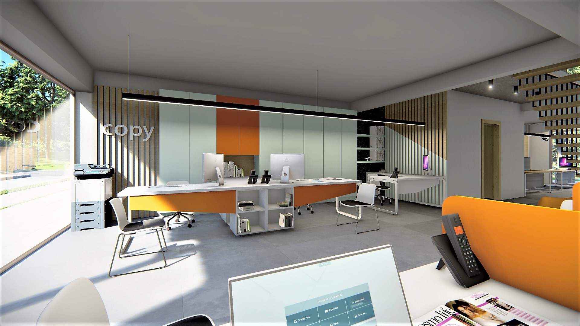 Σχεδιασμός open plan λογιστικού γραφείου με θέσεις εργασίας και χώρο αναμονής