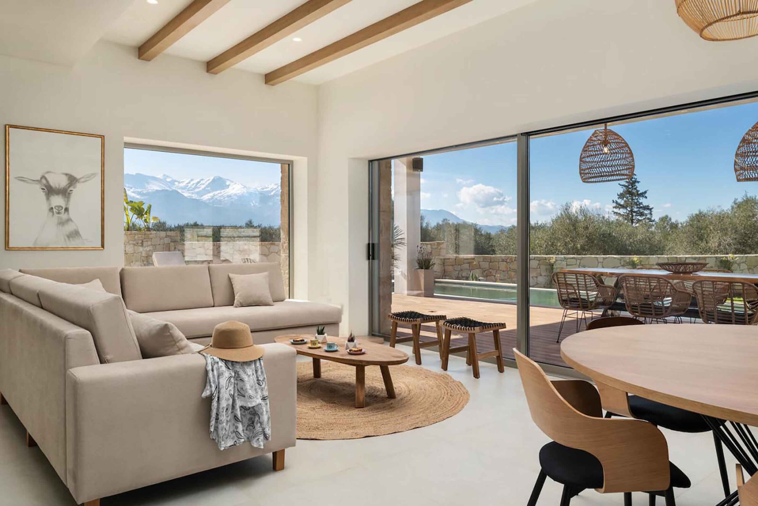 Luxury villa living room with pool view in Chania Crete