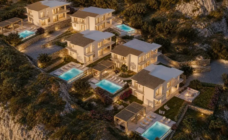 Συγκρότημα τεσσάρων πολυτελών βιλών στα Μάλια Κρήτης με ιδιωτικές πισίνες, πανοραμική θέα στο Κρητικό Πέλαγος και σύγχρονο μεσογειακό σχεδιασμό από τη Γραμμική α.