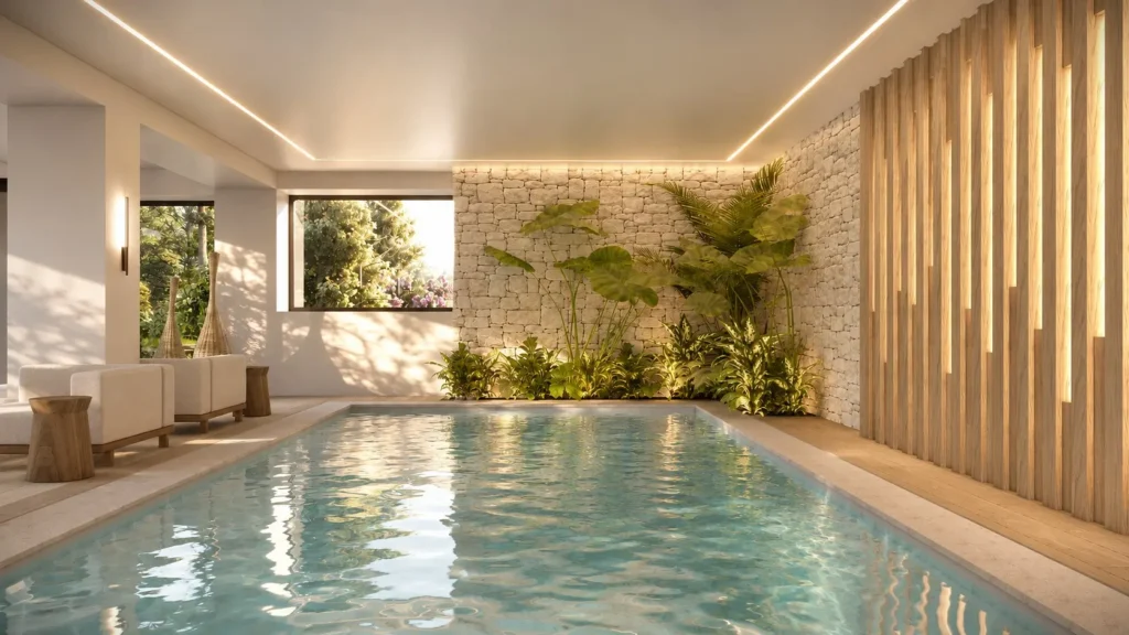 Biophilic interior design με νερό, φυσικό φως, φύτευση, πέτρα και ξύλο