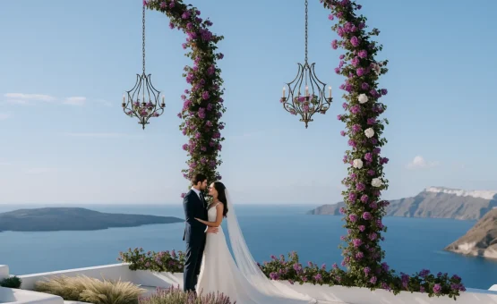 Wedding ceremony area στη Σαντορίνη με floral αψίδα και θέα προς την Καλντέρα