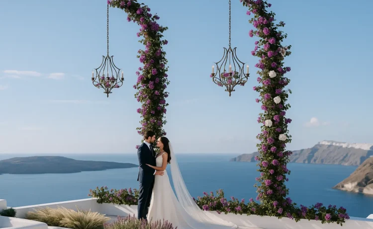 Wedding ceremony area στη Σαντορίνη με floral αψίδα και θέα προς την Καλντέρα