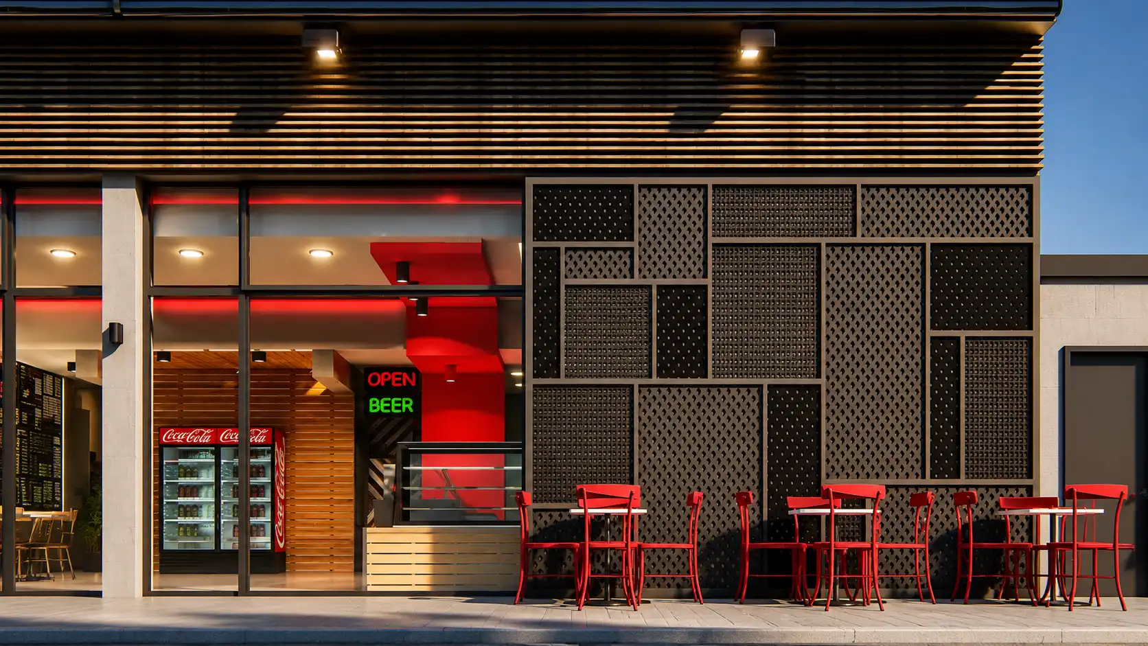 Σχεδιασμός όψης καταστήματος γύρου και fast food με διάτρητη μεταλλική πρόσοψη και εξωτερικό καθιστικό.
