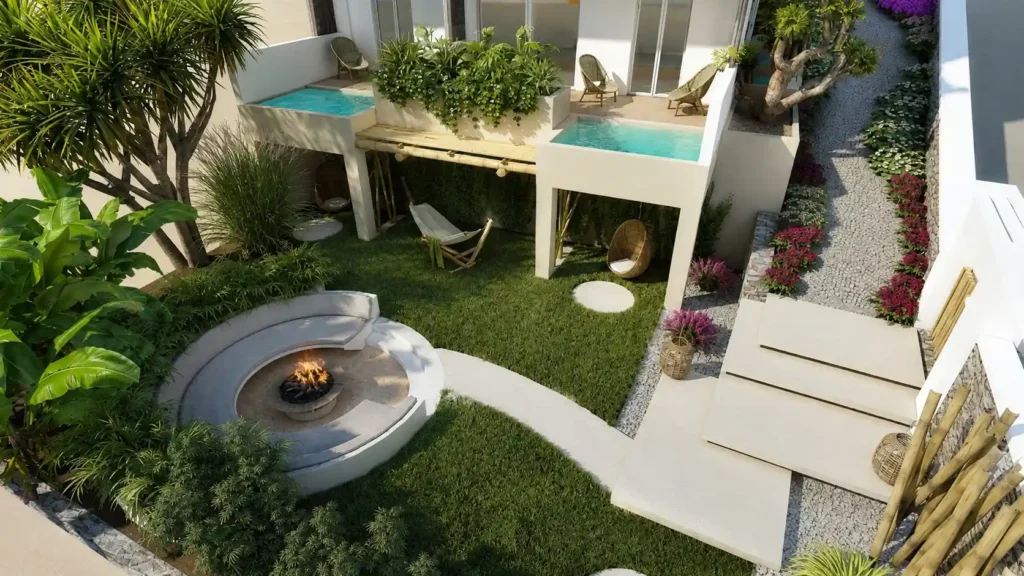 Aiora Suites στα Ψακούδια Χαλκιδικής – κήπος με φύτευση και υπαίθριες ζώνες χαλάρωσης