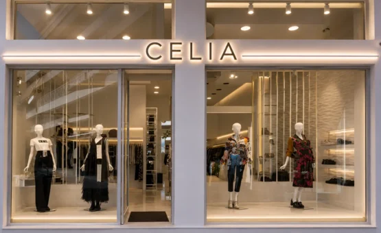Όψη boutique γυναικείων ενδυμάτων CELIA με φωτιζόμενη επιγραφή και βιτρίνες