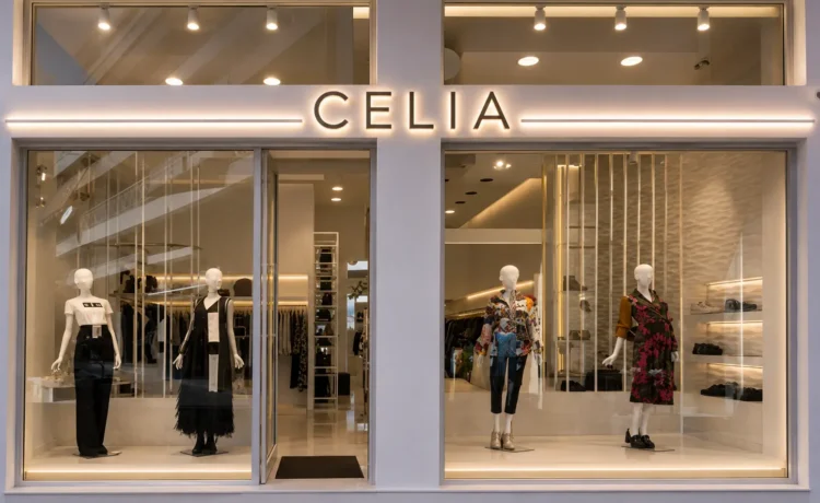 Όψη boutique γυναικείων ενδυμάτων CELIA με φωτιζόμενη επιγραφή και βιτρίνες