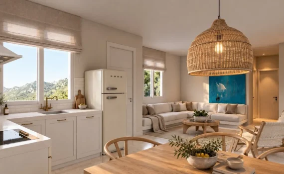 Interior Design μονοκατοικίας στην Άνδρο – καθιστικό και κουζίνα