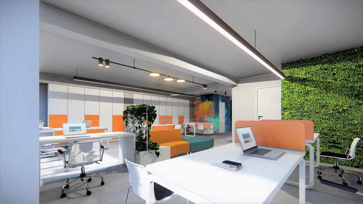 Open plan λογιστικό γραφείο με θέσεις εργασίας και πράσινο τοίχο