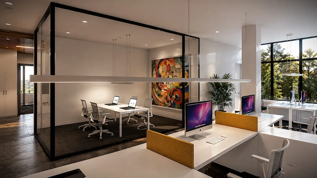 Σχεδιασμός open plan γραφείων με θέσεις εργασίας και γυάλινη αίθουσα συσκέψεων
