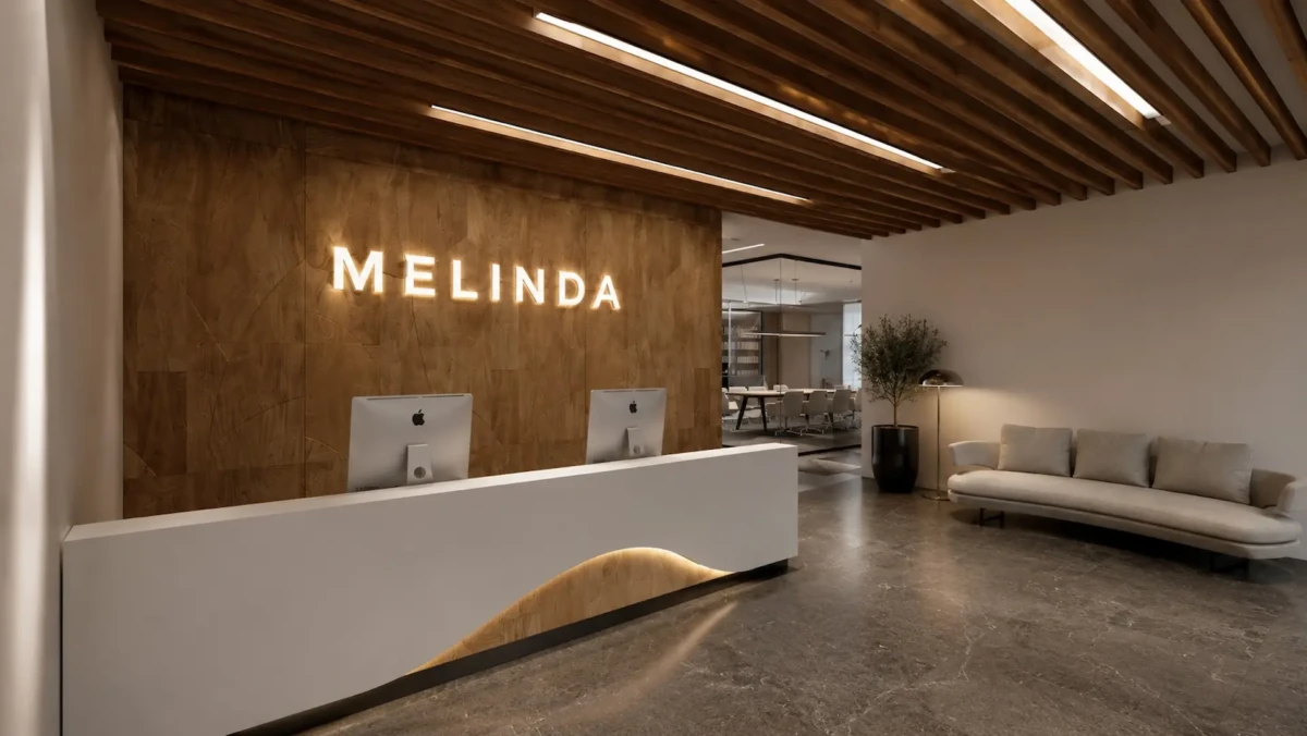 Χώρος υποδοχής εταιρικών γραφείων MELINDA με ξύλινη οροφή και καμπύλο reception
