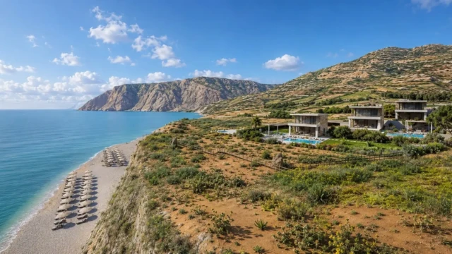 Masterplan view of Olivia's Villas in Mochlos, Crete.
Architecture, Interior Design, Exterior Design & Landscape Concept by Grammiki a. Luxury villa complex in Mochlos, Crete with sea view, cliffside location, Mediterranean landscape and mountain backdrop. Architecture and landscape design by Grammiki a.
