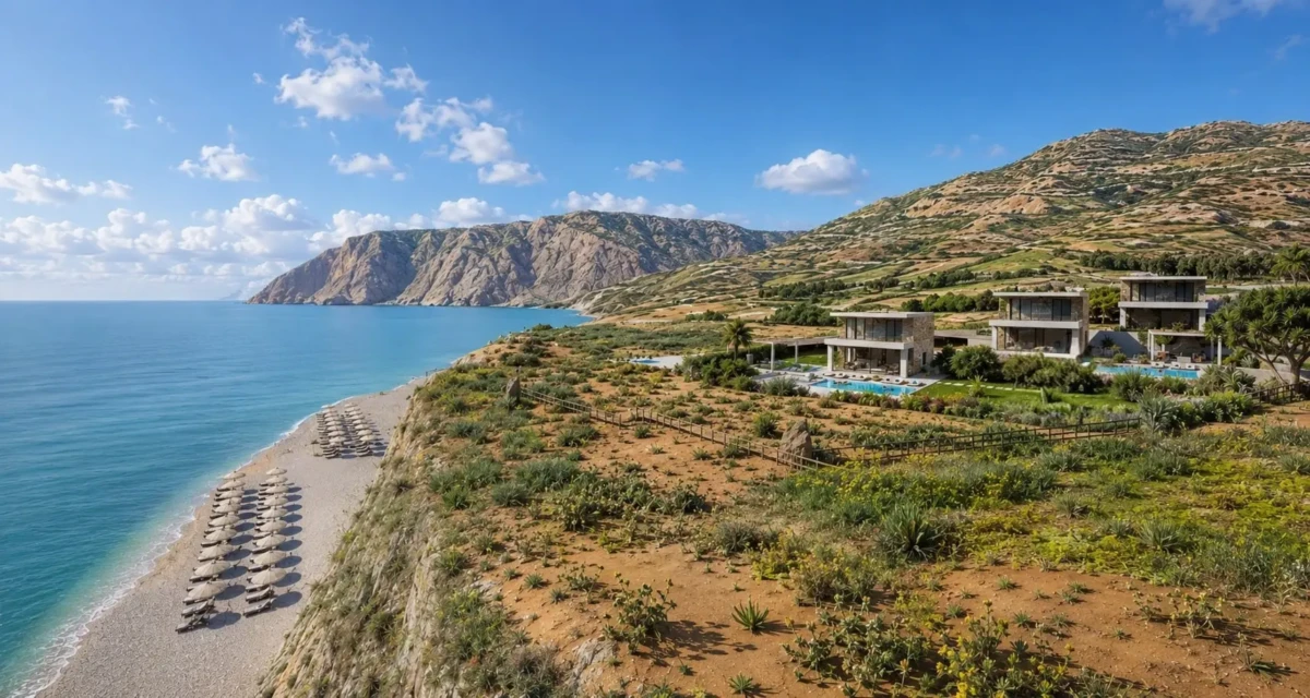 Luxury villa complex in Mochlos, Crete with sea view, cliffside location, Mediterranean landscape and mountain backdrop. Architecture and landscape design by Grammiki a.