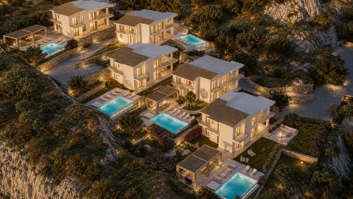 Συγκρότημα τεσσάρων πολυτελών βιλών στα Μάλια Κρήτης με ιδιωτικές πισίνες, πανοραμική θέα στο Κρητικό Πέλαγος και σύγχρονο μεσογειακό σχεδιασμό από τη Γραμμική α.