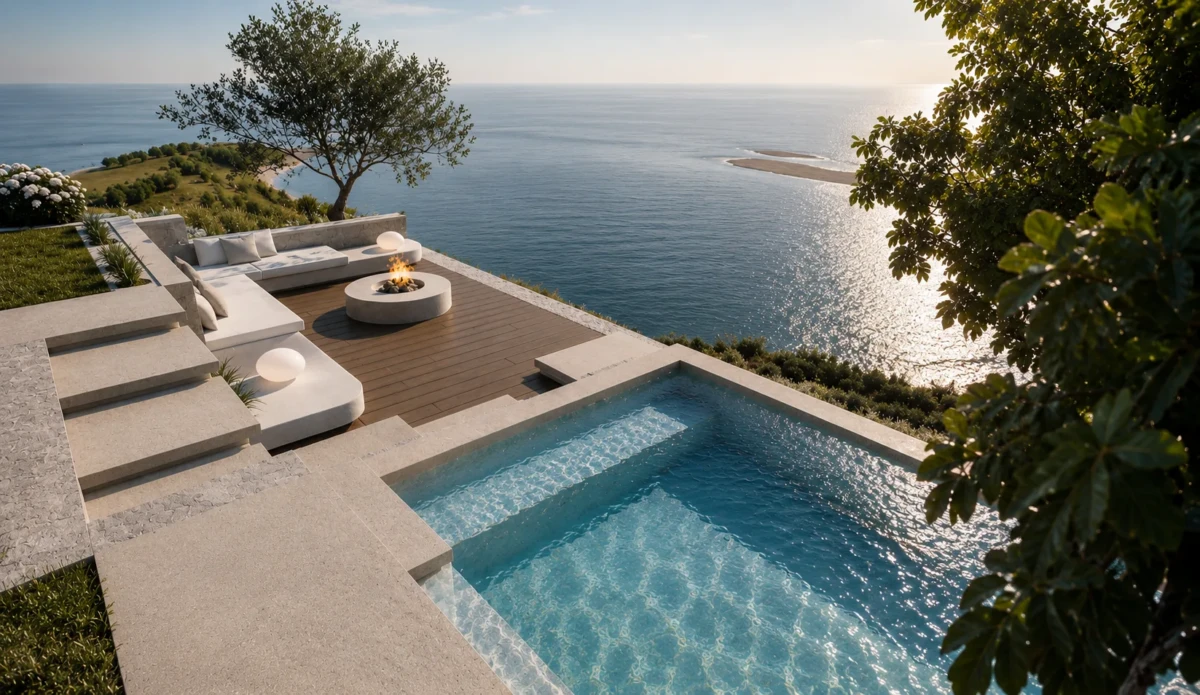 Luxury landscape architecture and exterior design for a modern seaside villa with infinity pool, outdoor lounge and panoramic sea views in Gytheio, Greece.