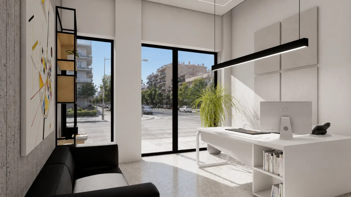 Χώρος εργασίας με λευκές επιφάνειες, φυσικό ξύλο, γραμμικό φωτισμό και ηχοαπορροφητικά πάνελ. Γραφείο εργασίας με σύγχρονο interior design σε λογιστικό γραφείο στον Εύοσμο Θεσσαλονίκης