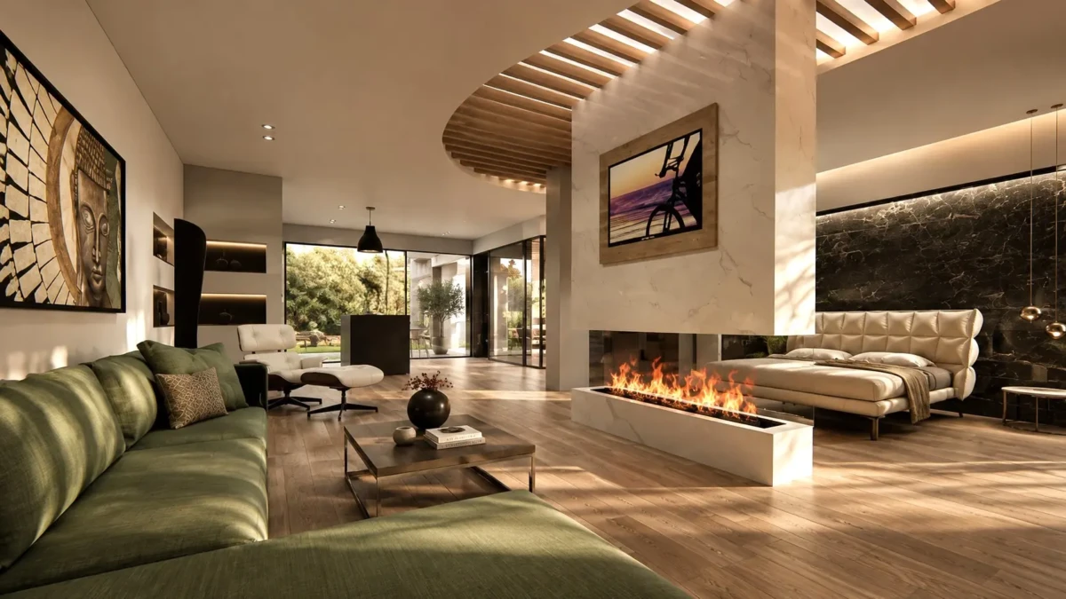 Open-plan loft σε luxury villa στην Ελούντα Κρήτης με τζάκι διπλής όψης