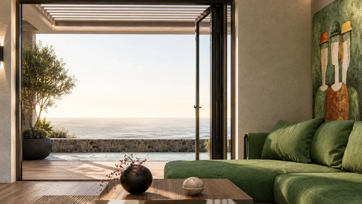Καθιστικό luxury villa στην Ελούντα Κρήτης με θέα στη θάλασσα