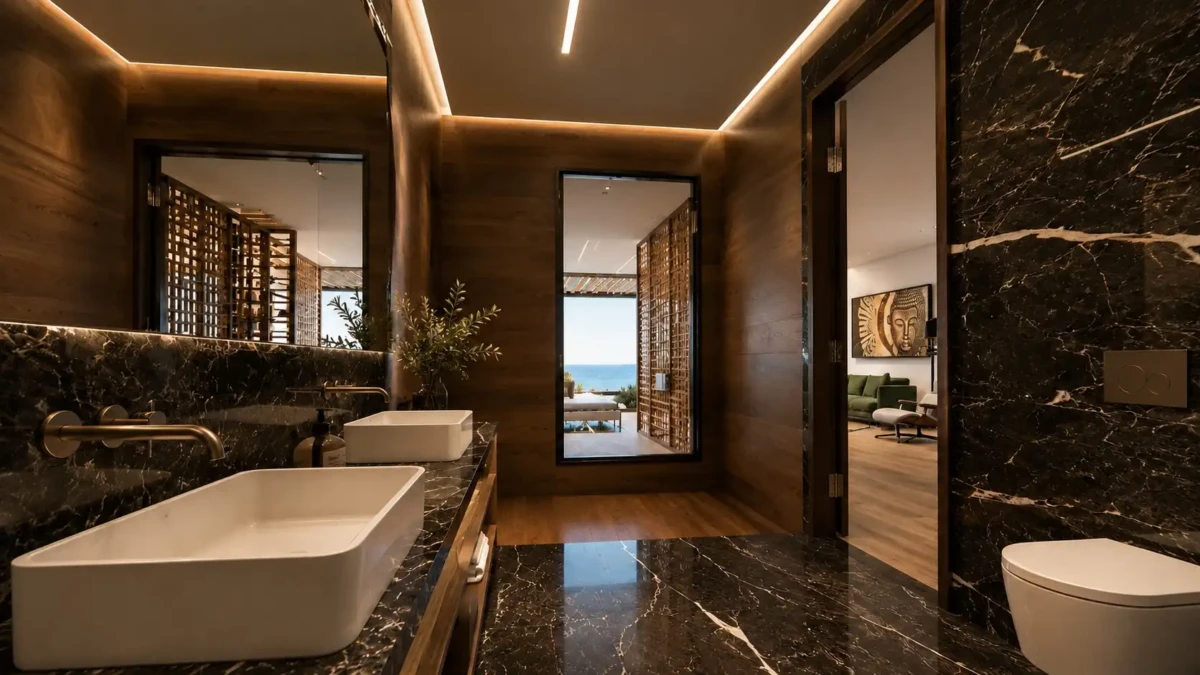 Luxury λουτρό villa στην Ελούντα Κρήτης με μαύρο μάρμαρο και ξύλο
