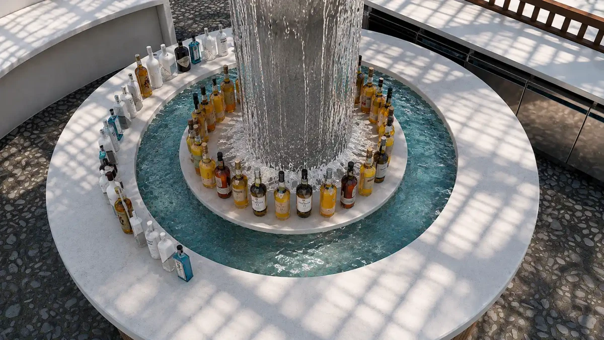 Κυκλικό water bar σε wedding venue στη Σαντορίνη με κεντρική κολόνα νερού και ενσωματωμένη λεκάνη