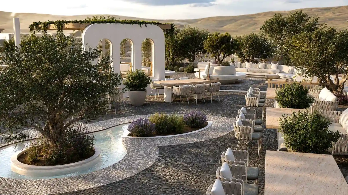 Landscape design χώρου εκδηλώσεων στη Σαντορίνη με ελιές, υπαίθρια καθιστικά και καμπύλο υδάτινο στοιχείο