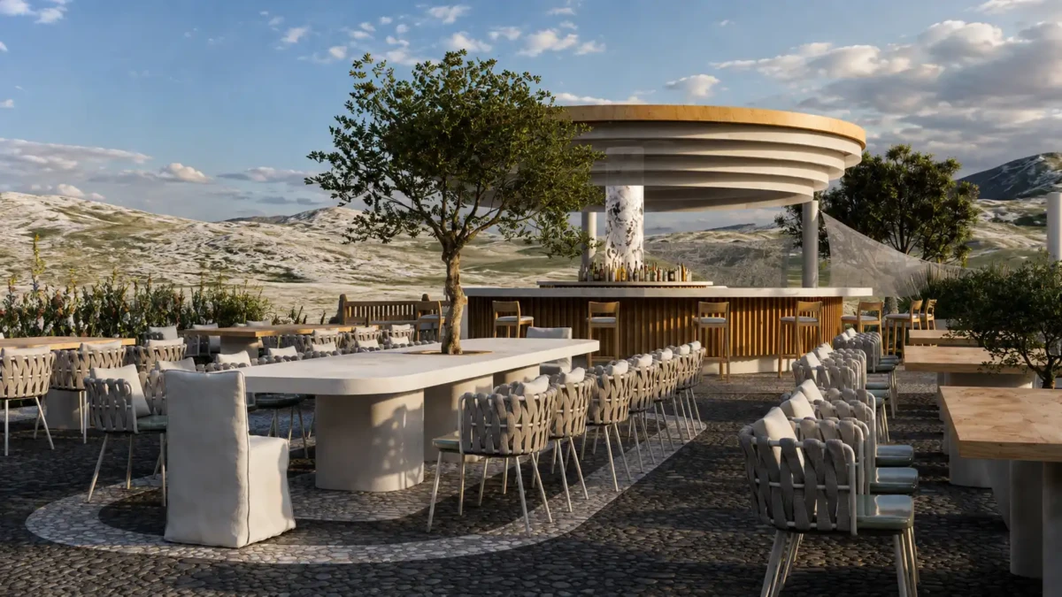 Υπαίθριο bar και χώρος καθισμάτων σε wedding venue στη Σαντορίνη με κυκλικό στέγαστρο και μεσογειακή φύτευση