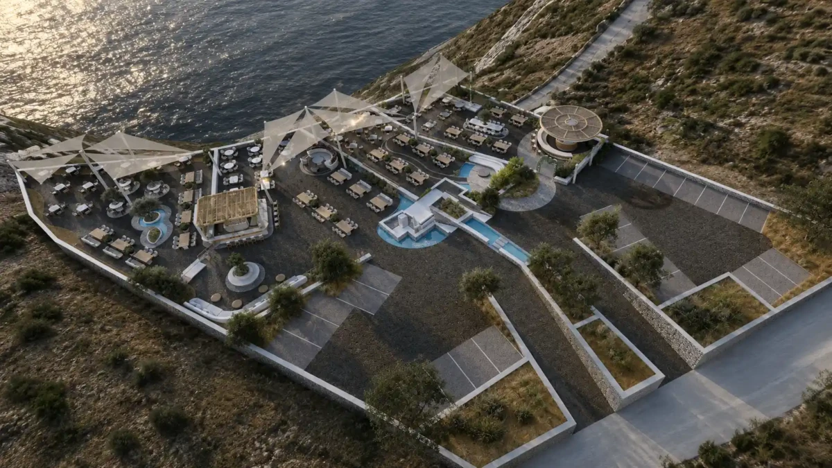 Αεροφωτογραφία Wedding Venue Design στη Σαντορίνη με συνολική διαμόρφωση του χώρου εκδηλώσεων στην Καλντέρα