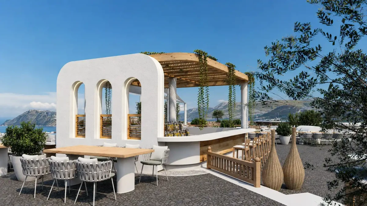 Outdoor bar και landscape design σε wedding venue στη Σαντορίνη