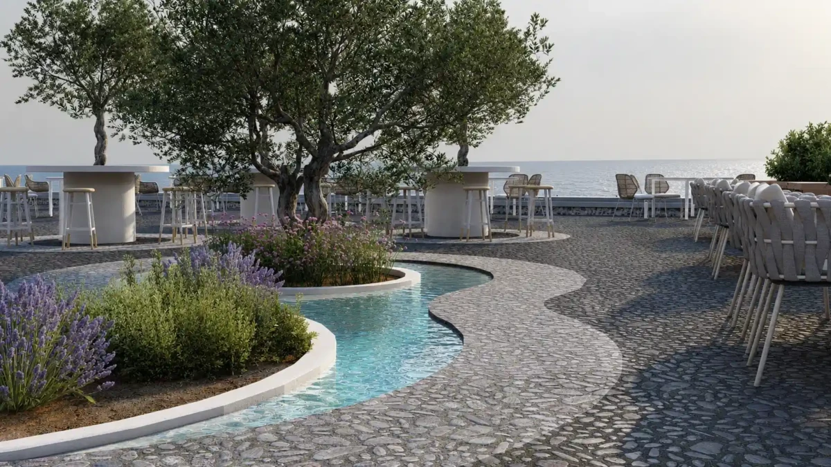 Landscape design χώρου εκδηλώσεων στη Σαντορίνη με υπαίθρια καθιστικά και υδάτινα στοιχεία