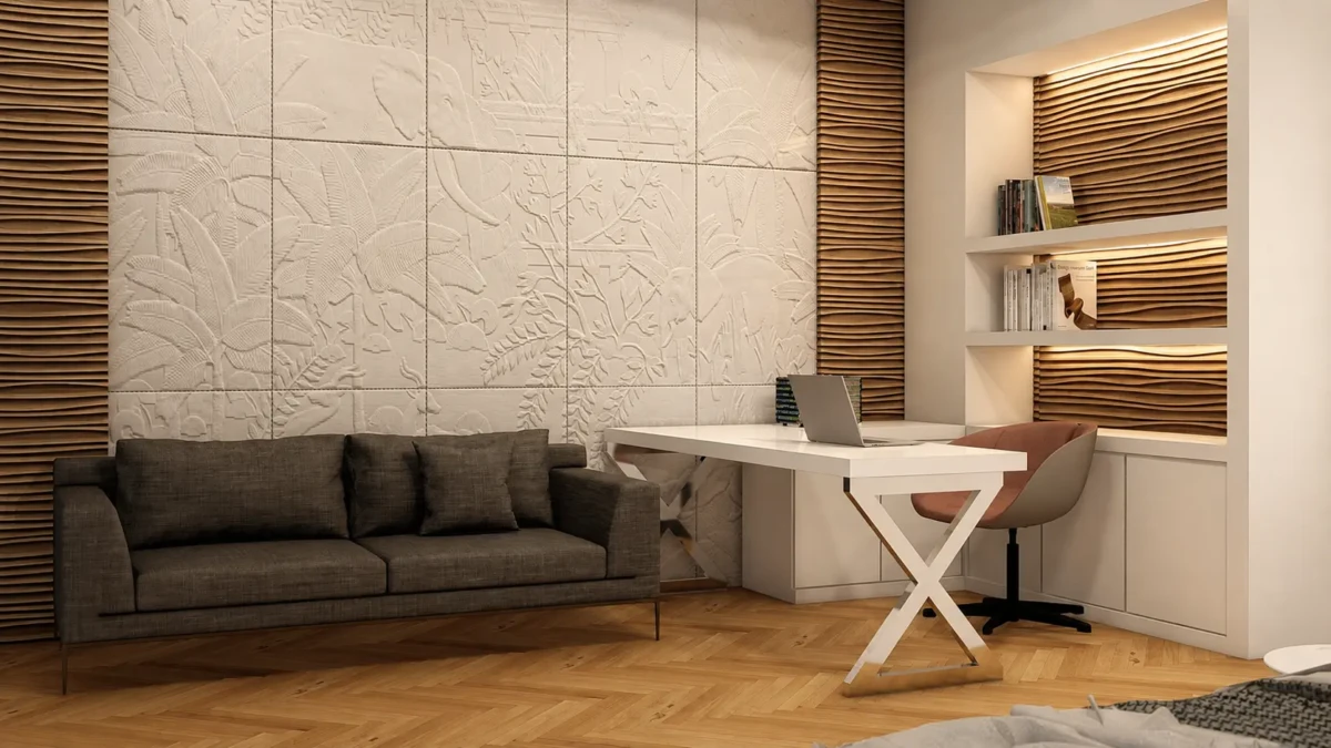Home office σε κατοικία στην Καλαμαριά με custom γραφείο, ξύλινες επενδύσεις και ανάγλυφο τοίχο Arte