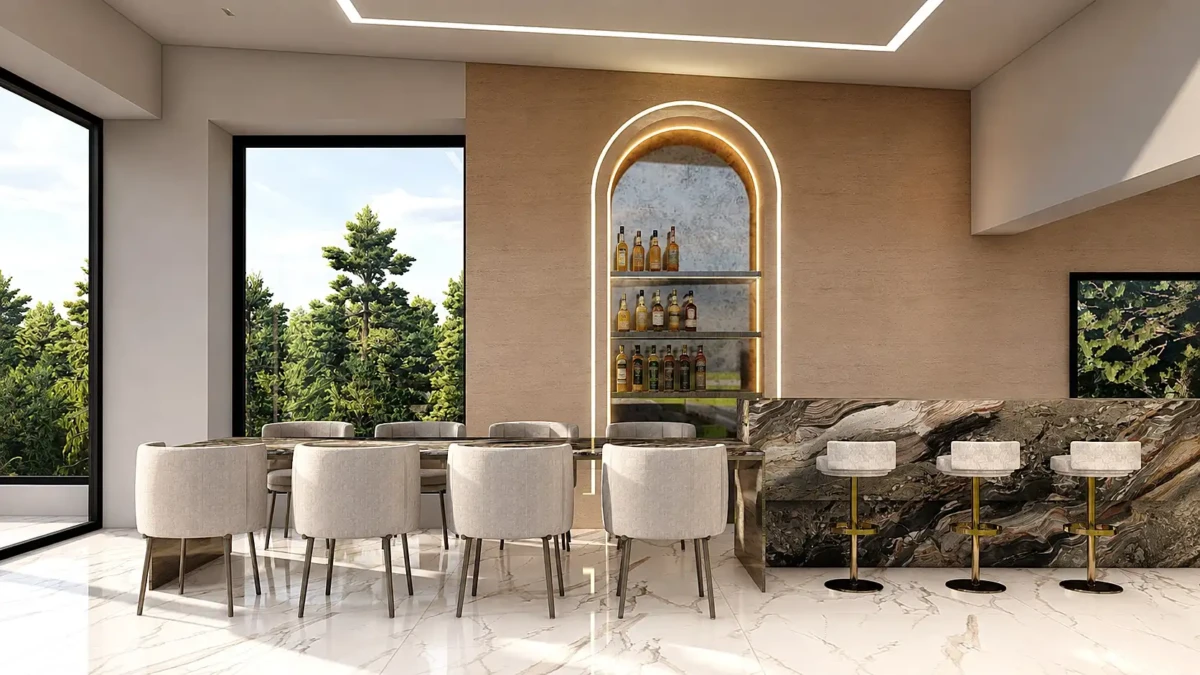 Luxury μονοκατοικία στο Πανόραμα Θεσσαλονίκης – custom bar και dining area