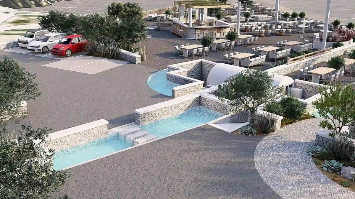 Landscape design χώρου εκδηλώσεων στη Σαντορίνη με υπαίθρια καθιστικά και υδάτινα στοιχεία