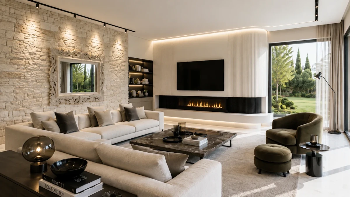 Καθιστικό luxury μονοκατοικίας στο Πανόραμα Θεσσαλονίκης με φυσική πέτρα, ενιαίο καναπέ, γραμμικό τζάκι και θέα στον κήπο