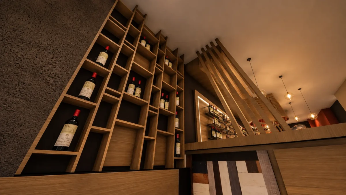 Αρχική σχεδιαστική πρόταση του χώρου bar. Τρισδιάστατη απεικόνιση του χώρου bar στο Oinovate Wine Bar Θεσσαλονίκης